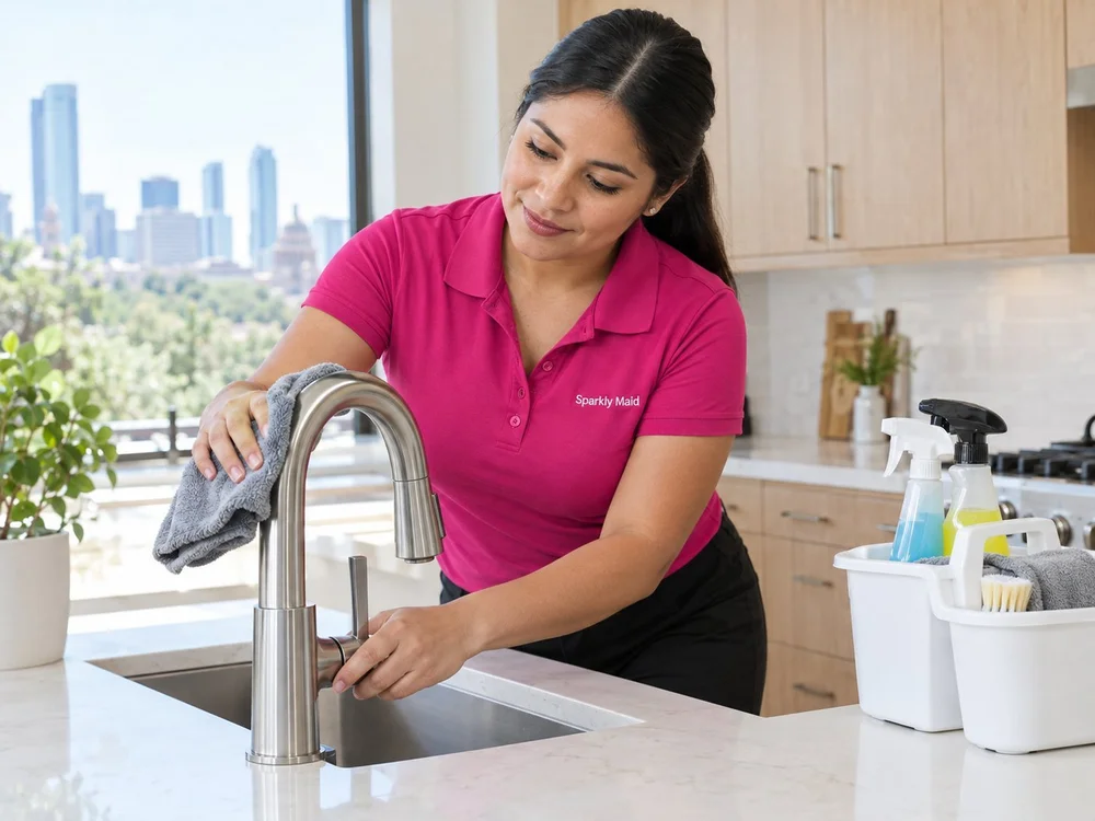 Sparkly Maid Austin cleaner polishing a kitchen faucet in an Austin, TX home