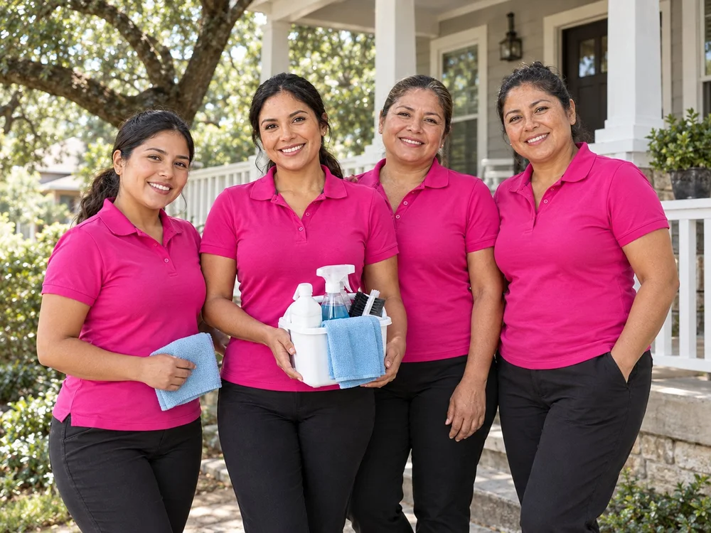 Four Sparkly Maid Austin cleaners in pink uniforms on the porch of an Austin bungalow