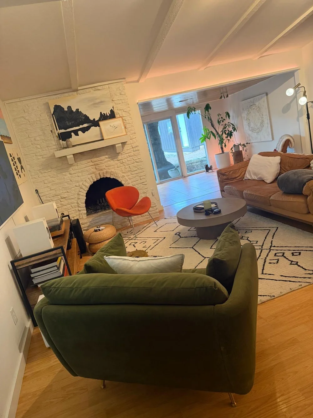 After: reset living room sectional and straightened rug in an Austin home cleaned by Sparkly Maid Austin