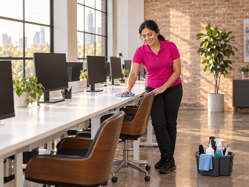 Sparkly Maid Austin cleaner wiping desks in an Austin office after hours