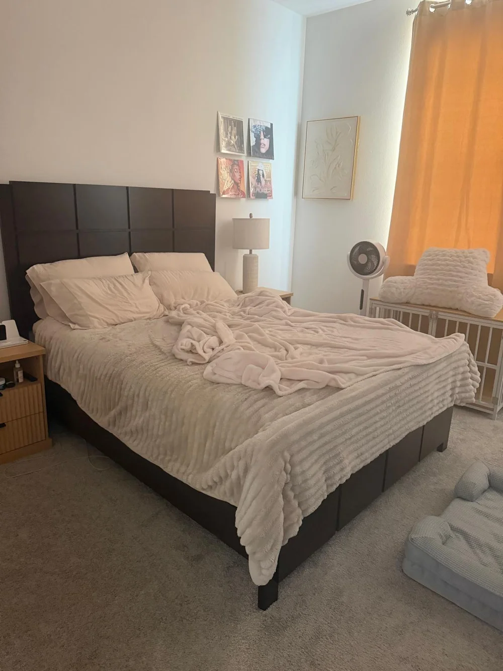 Before: unmade bed with rumpled sheets in an Austin bedroom