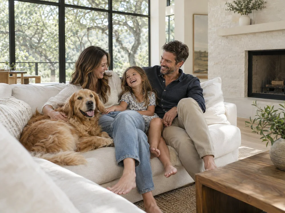 Happy family relaxing in their Sparkly clean Austin home after a house cleaning