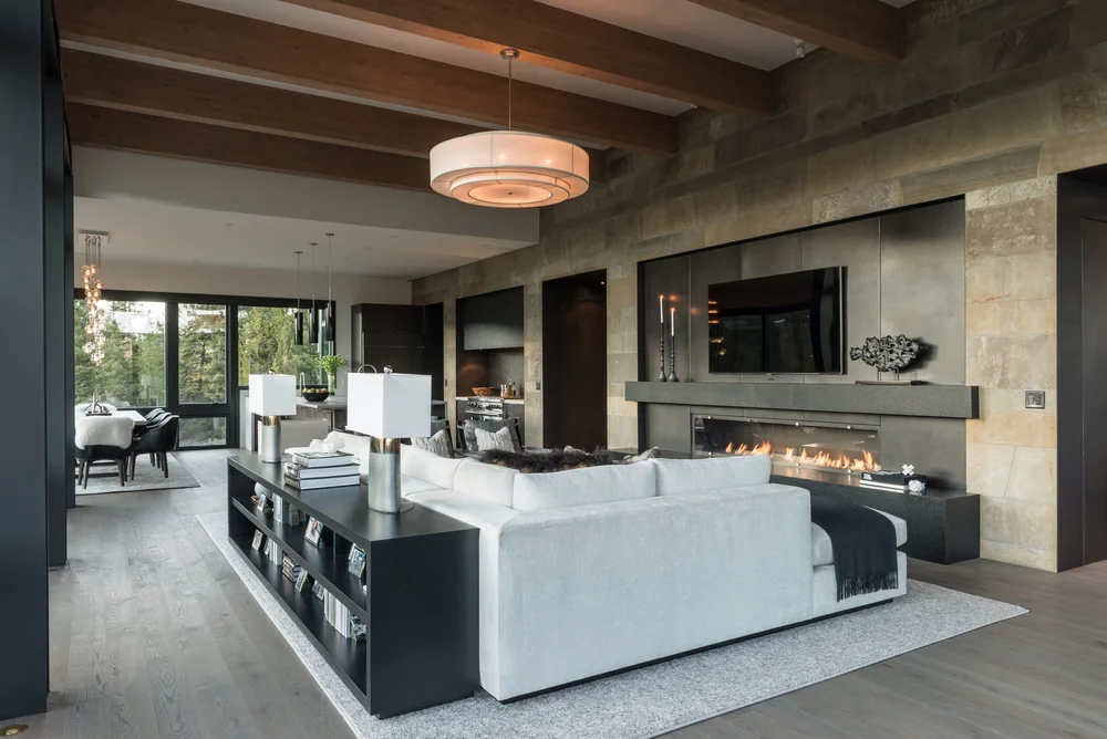 Steel-banded fireplace wall