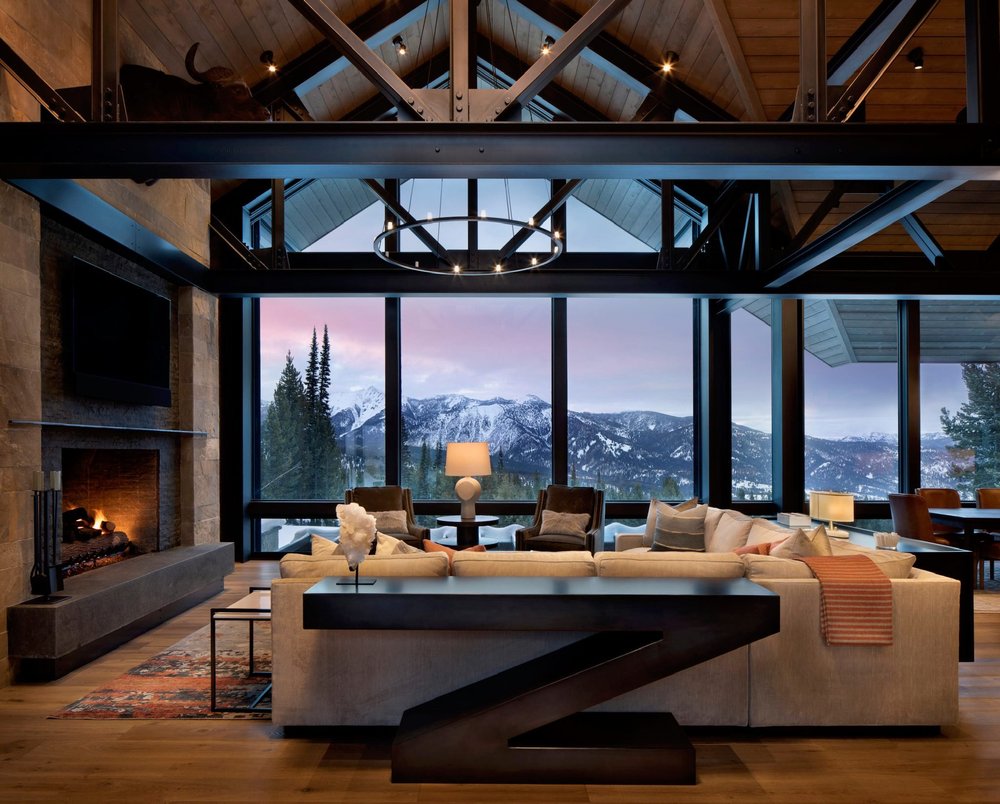 Great room, exposed steel trusses