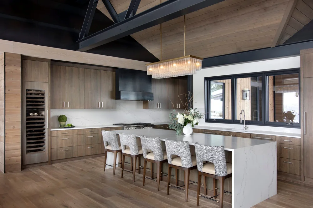 Kitchen beneath steel trusses