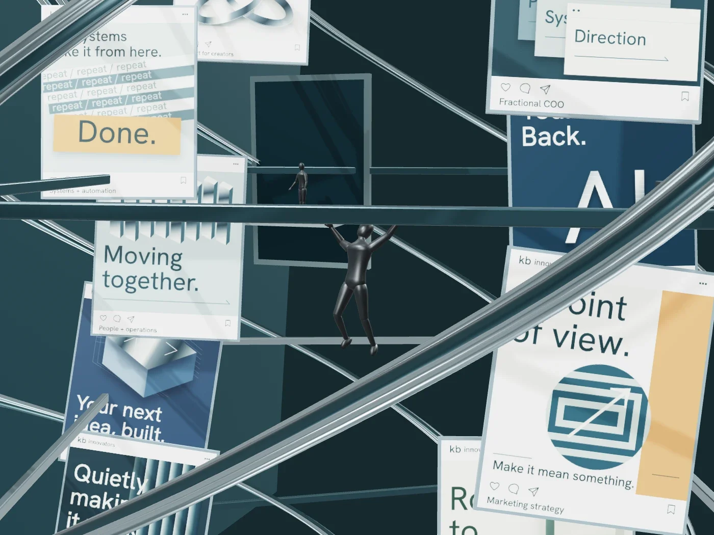 The figure reaches upward while falling among posts about business support, marketing, automation and building ideas.