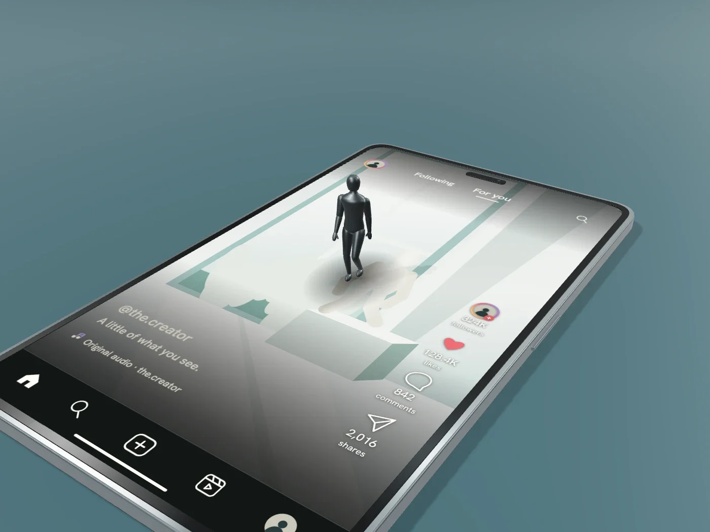 An anonymous figure stands on a horizontal phone displaying a social feed, with profile, caption, likes, comments and sharing controls.
