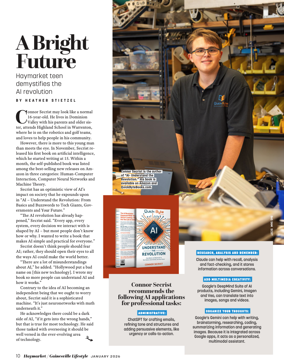 Magazine contents page featuring A Bright Future: Haymarket teen demystifies the AI revolution, with a photo of Connor holding his book