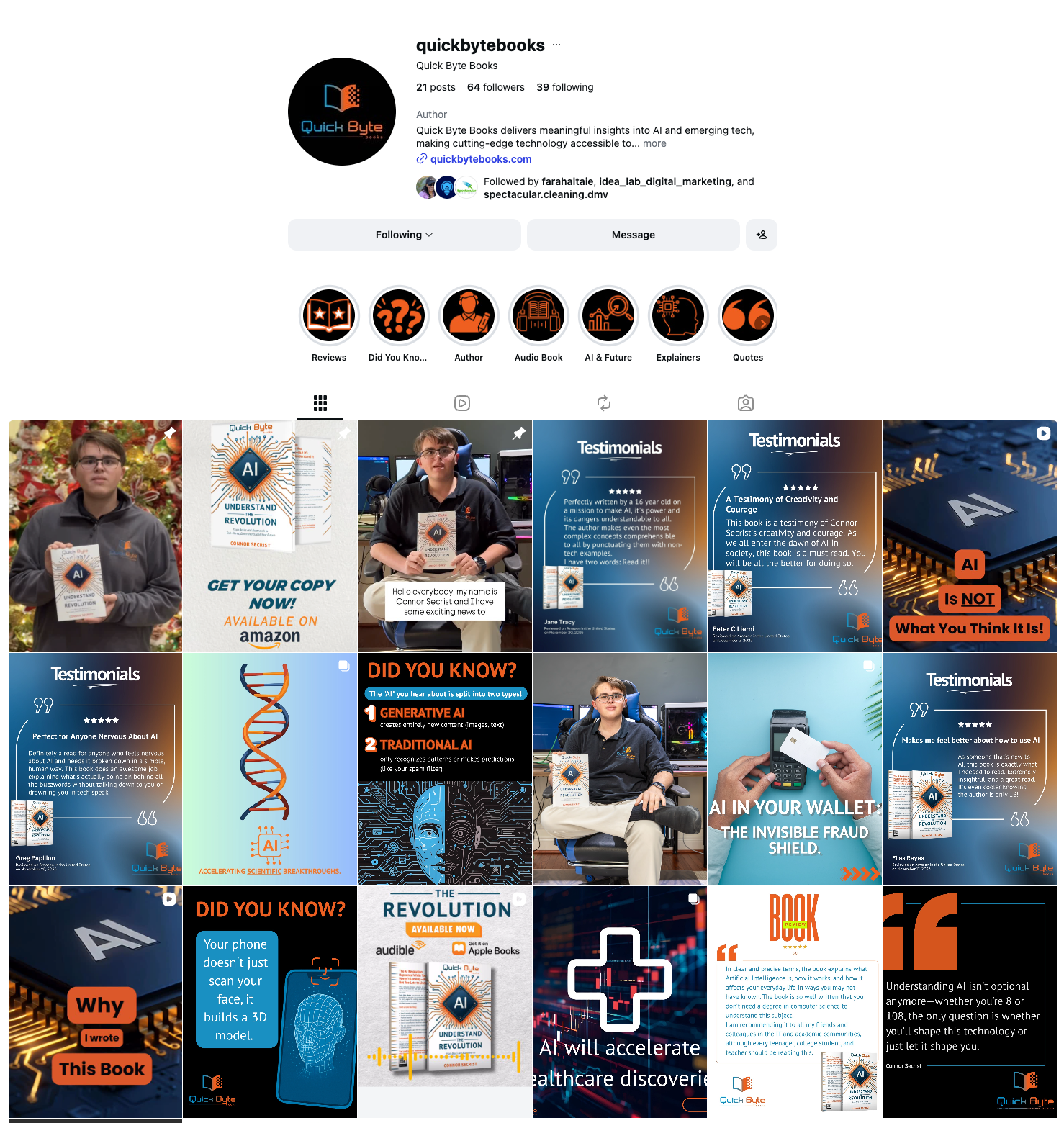 The Quick Byte Books Instagram profile showing branded highlights and a grid of book posts