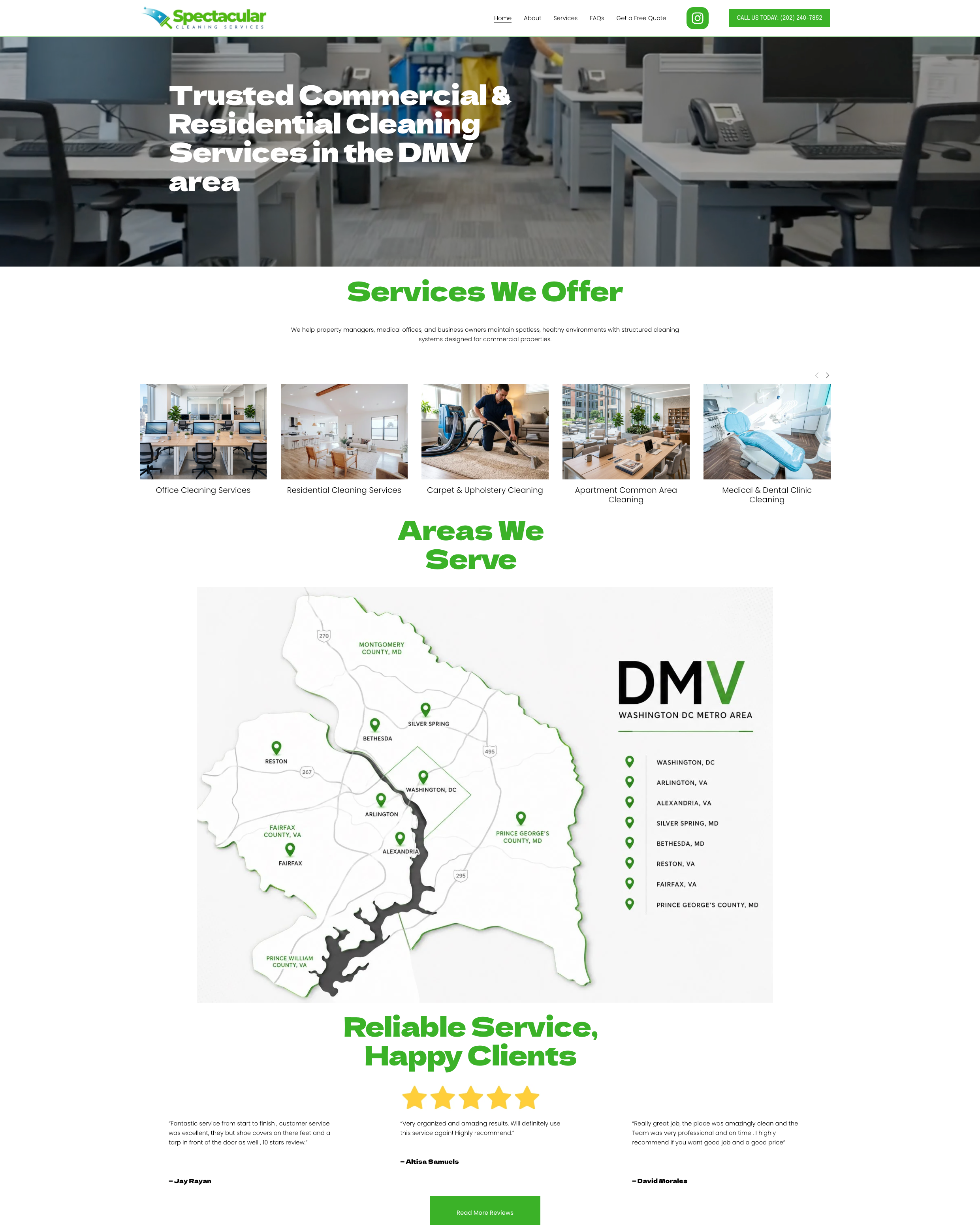 The revamped 2026 Spectacular Cleaning Services homepage with the headline Trusted Commercial and Residential Cleaning Services in the DMV area