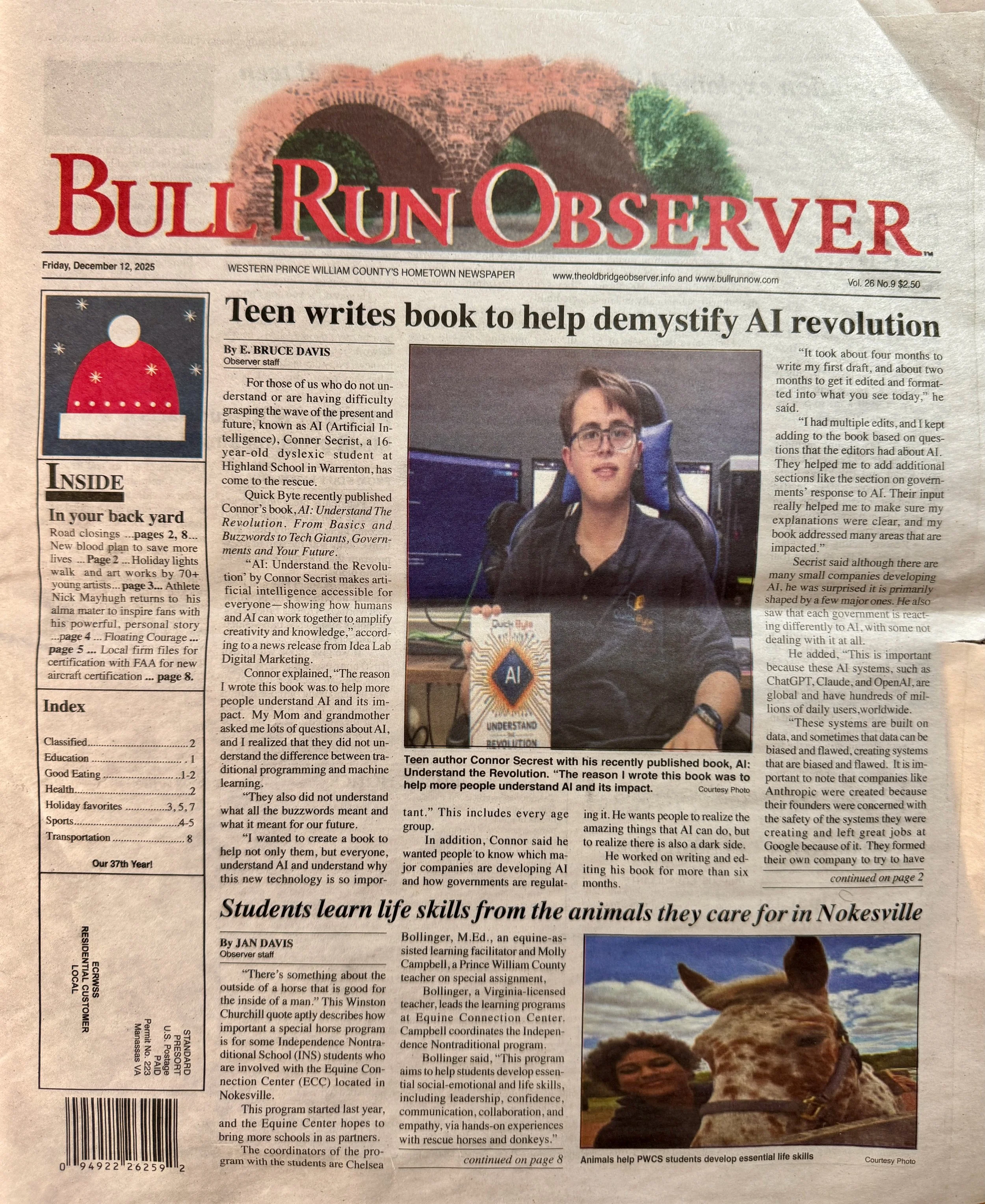 Front page of the Bull Run Observer, December 12, 2025, with the headline Teen writes book to help demystify AI revolution