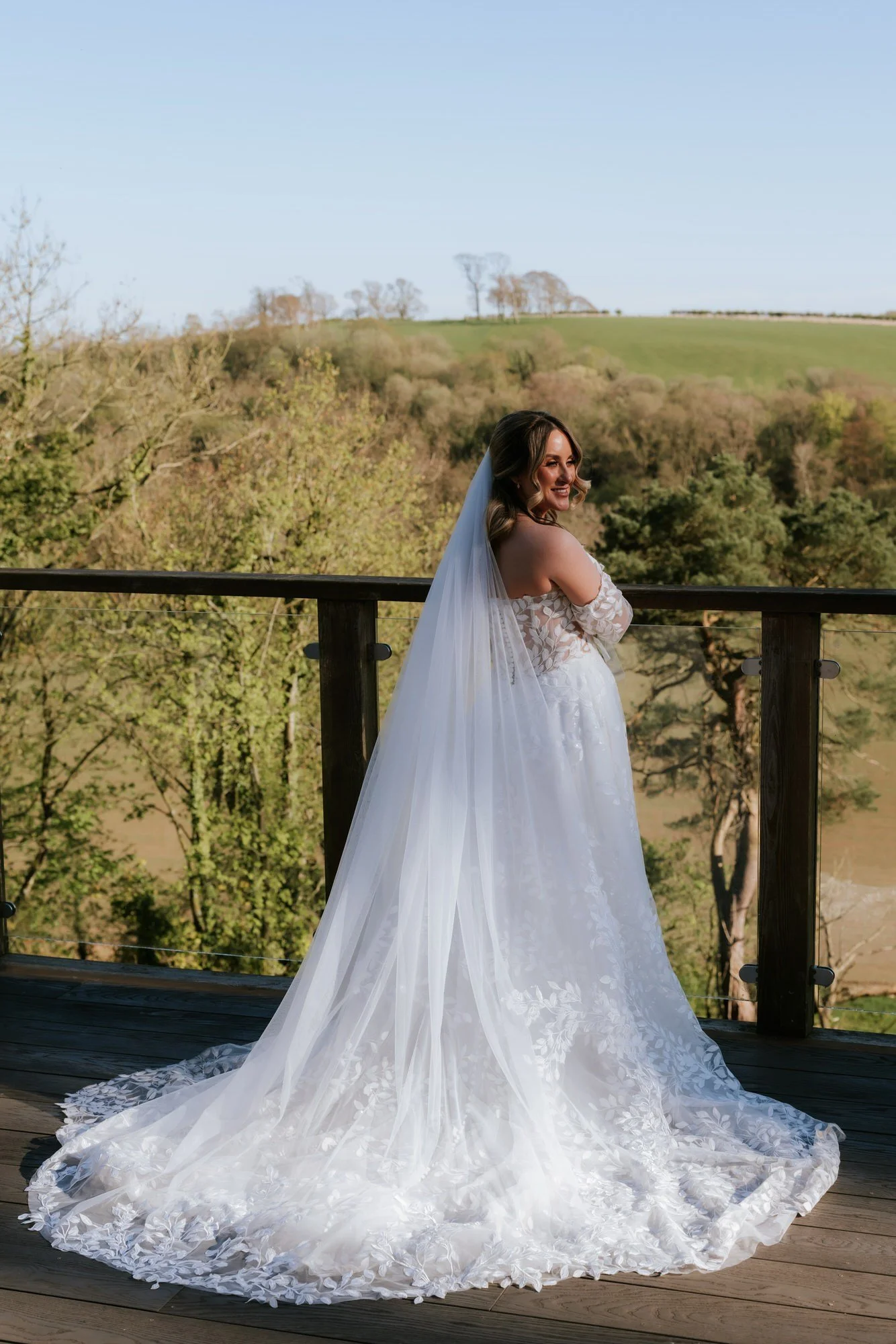 Ciara on the decking overlooking the Ayrshire countryside.