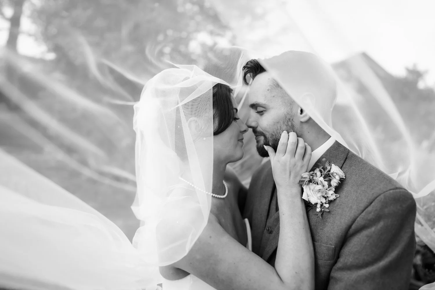 Black-and-white photograph of Lois and Dougie sharing a kiss beneath her veil.