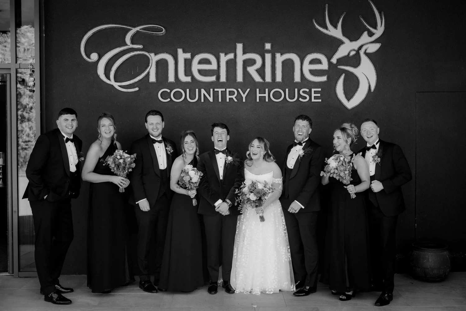 The wedding party together outside Enterkine House.