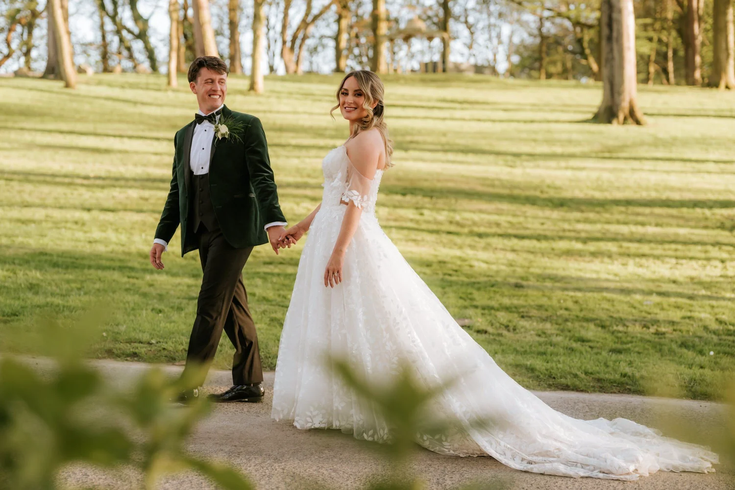 A full-length portrait of the newlyweds in Enterkine’s grounds.