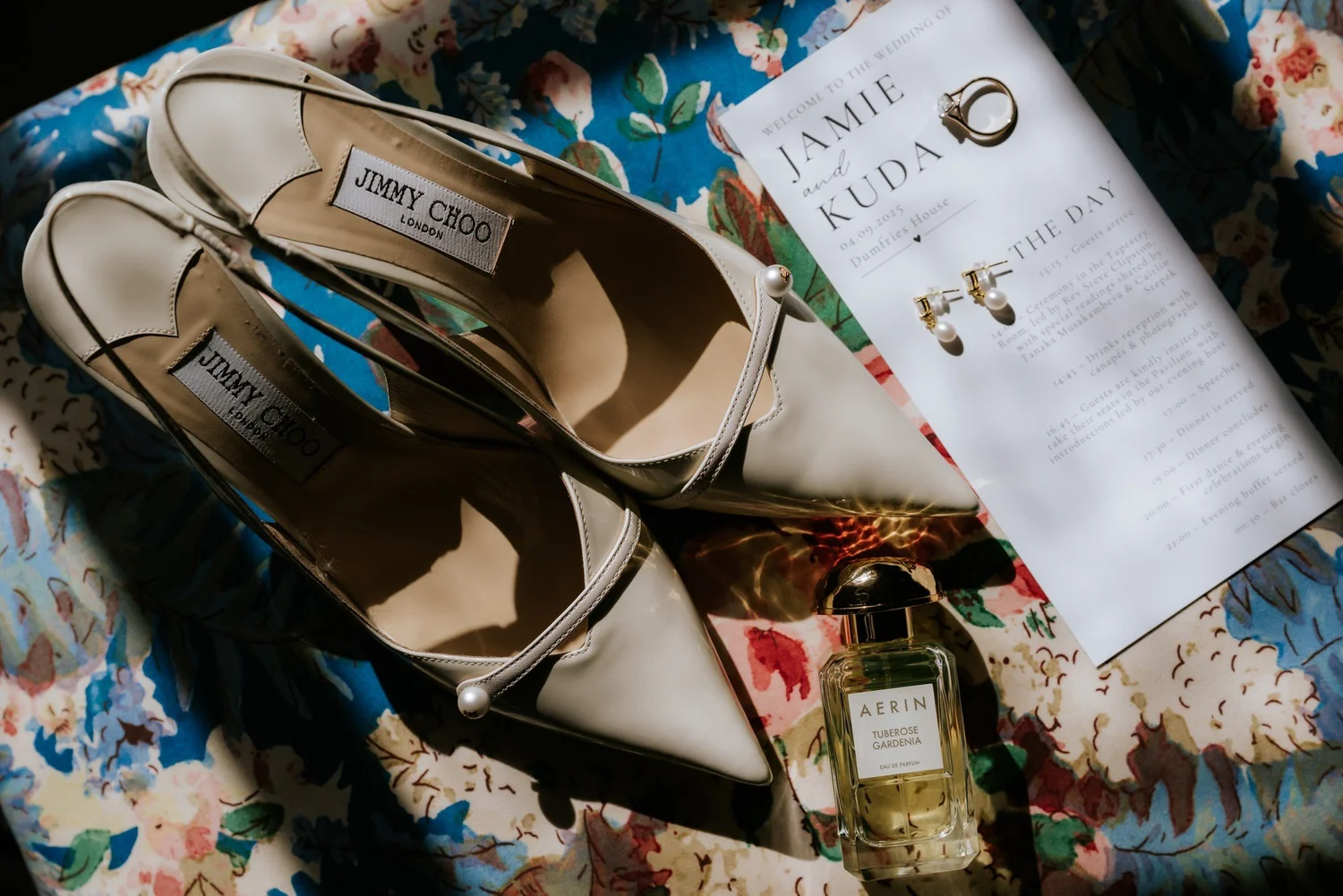 Jimmy Choo bridal shoes, perfume, jewellery and wedding stationery for Kuda and Jamie.