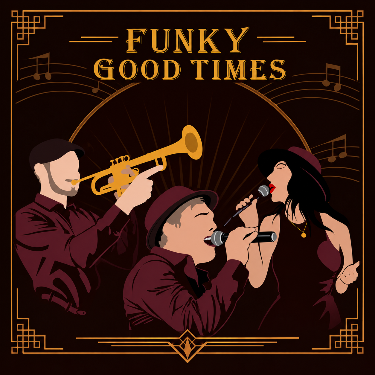 Funky Good Times in gold Art Deco lettering, with a trumpet player and two singers in burgundy.