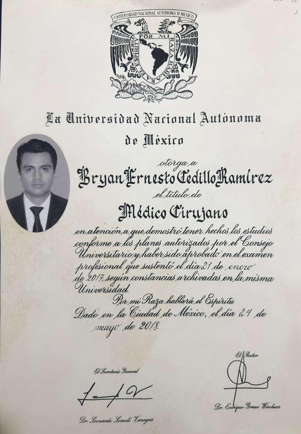 UNAM Medical Doctor Diploma issued to Dr. Ernesto Cedillo, professional license 11206254