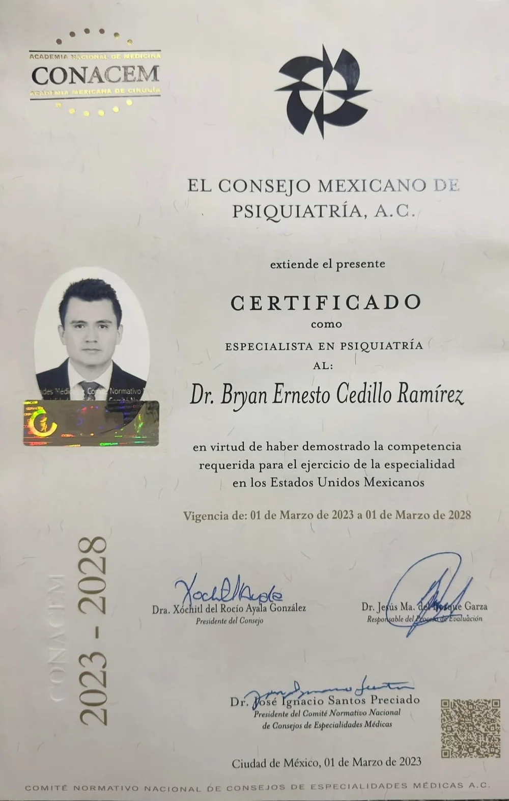 Current Board Certification from the Mexican Board of Psychiatry awarded to Dr. Ernesto Cedillo