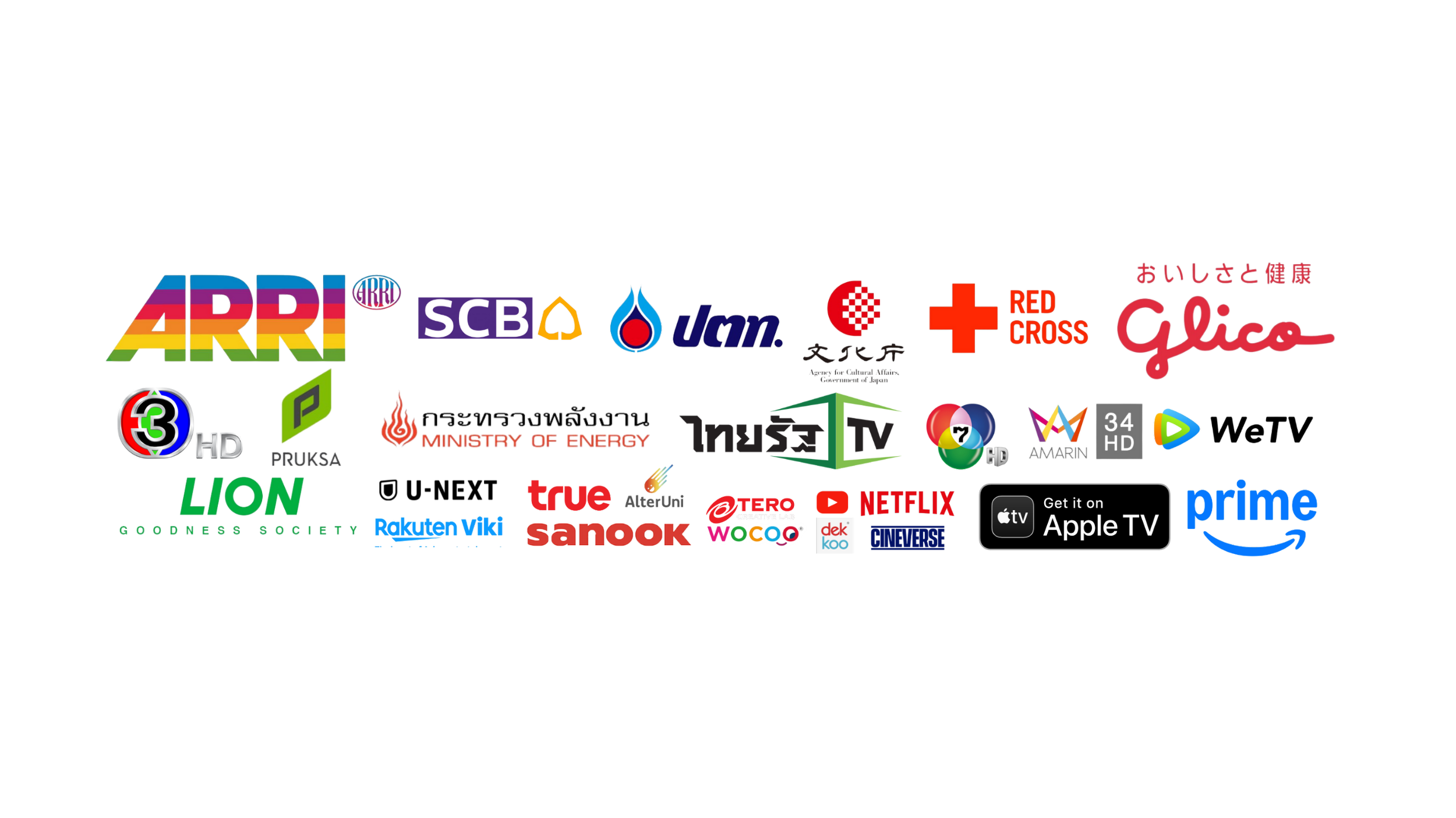 Partner logos including ARRI, SCB, PTT, Red Cross, Glico, True, Rakuten Viki, Netflix, Apple TV, Amazon Prime and more