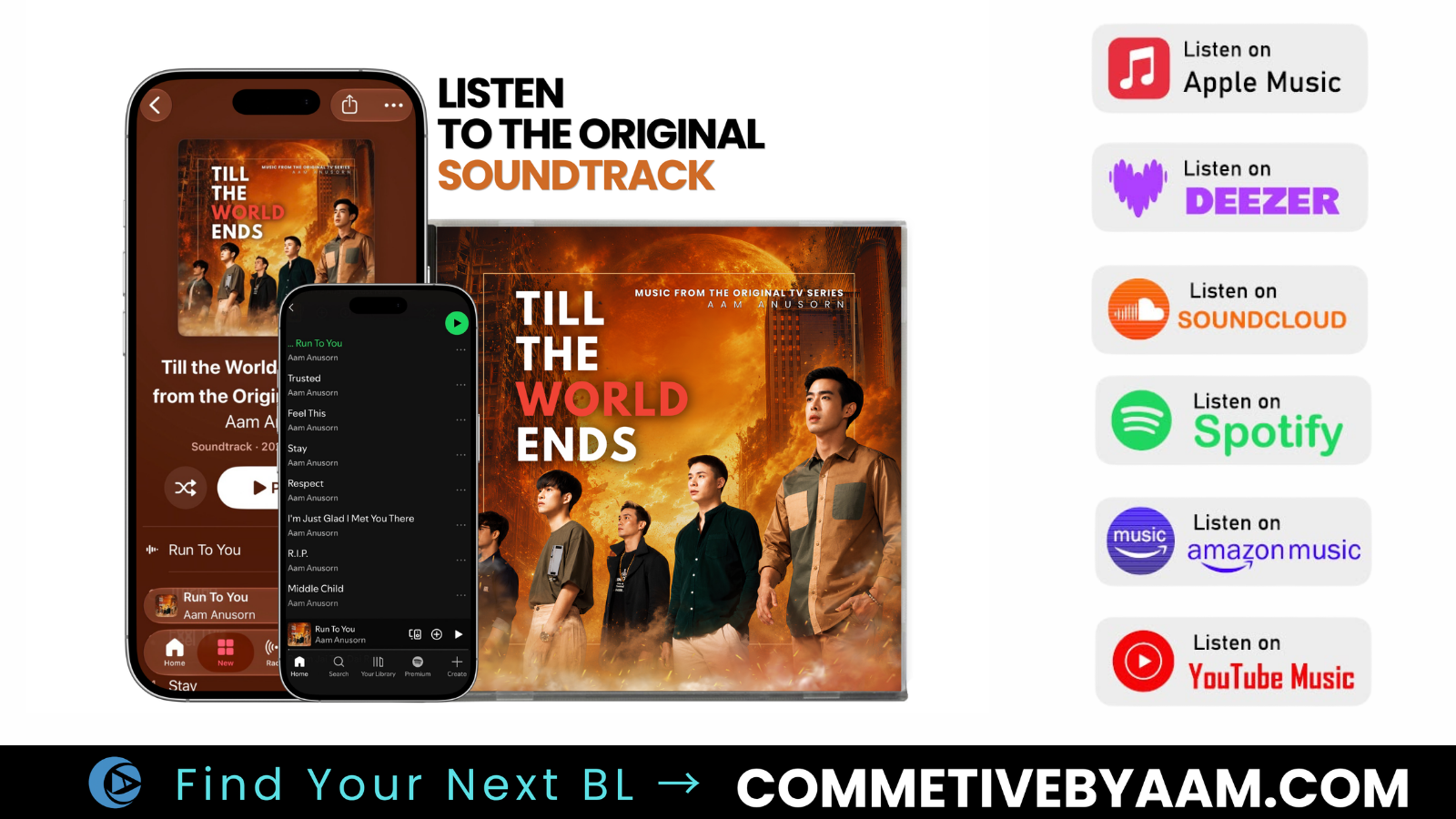 Official Till the World Ends soundtrack promotional image directing fans to Spotify, Apple Music and other streaming services