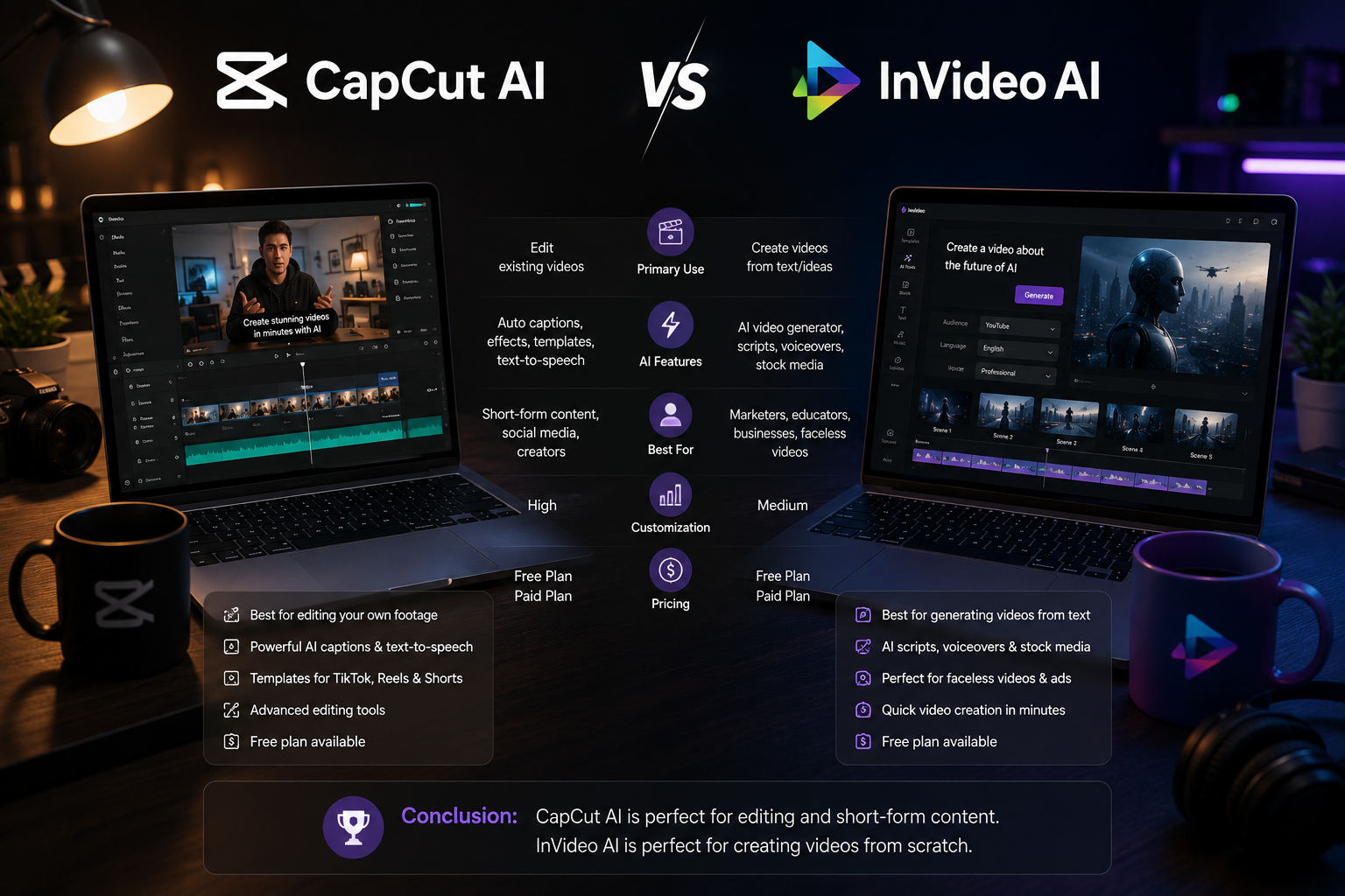 Side by side comparison infographic of CapCut AI and InVideo AI features for creators