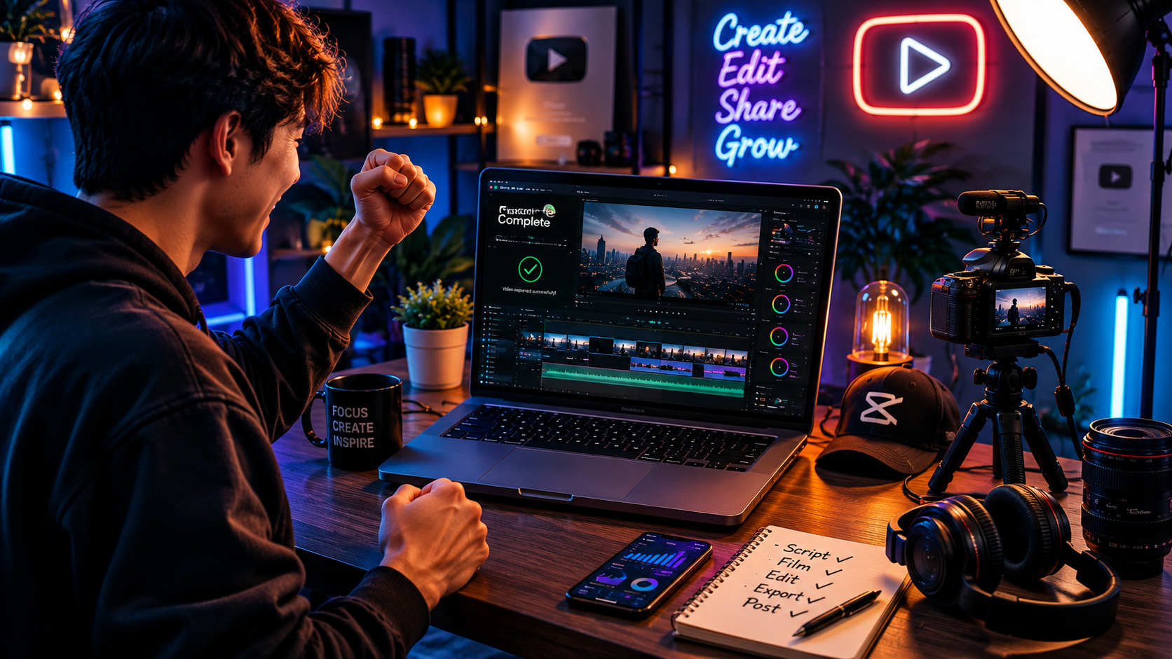 Happy content creator finishing a video project after using AI video editing tools