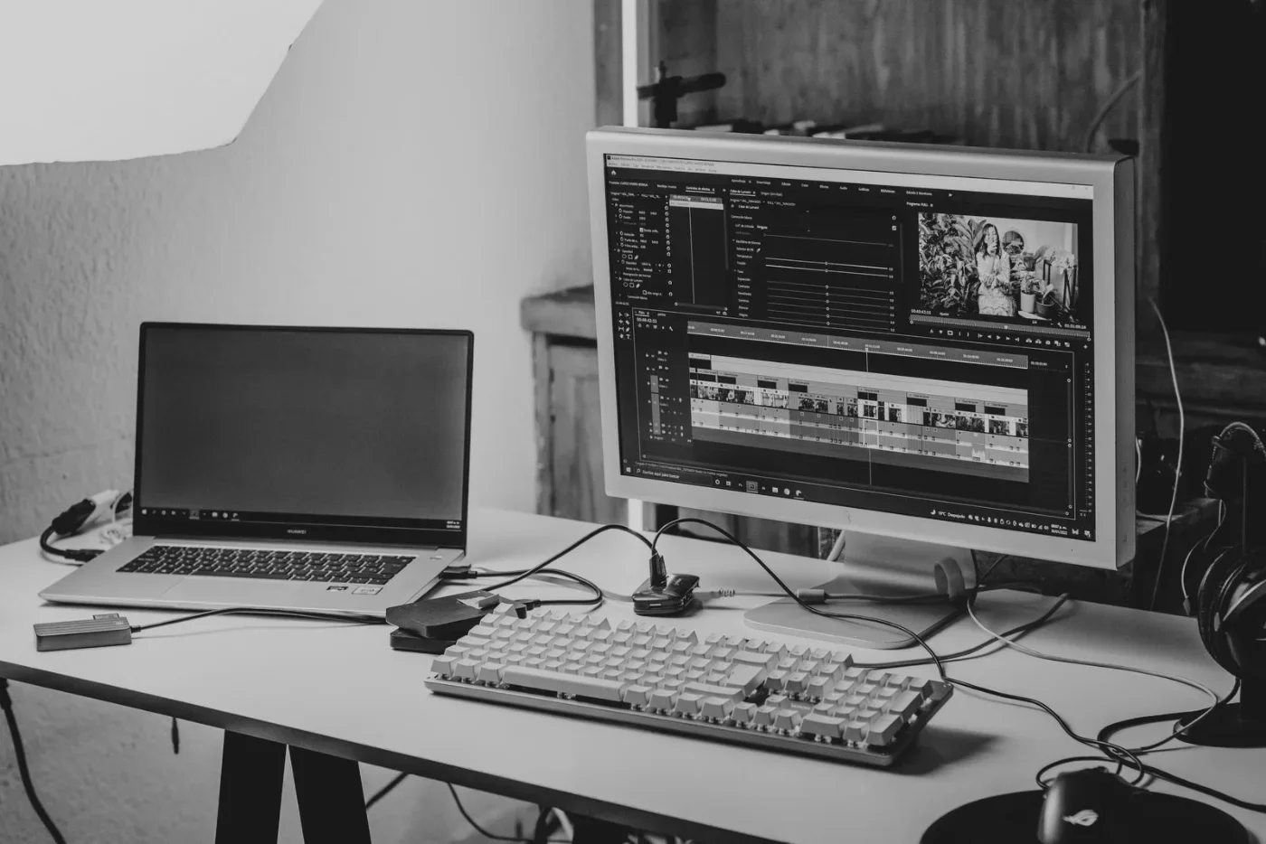 A laptop and a monitor show a video-editing workspace in black and white.