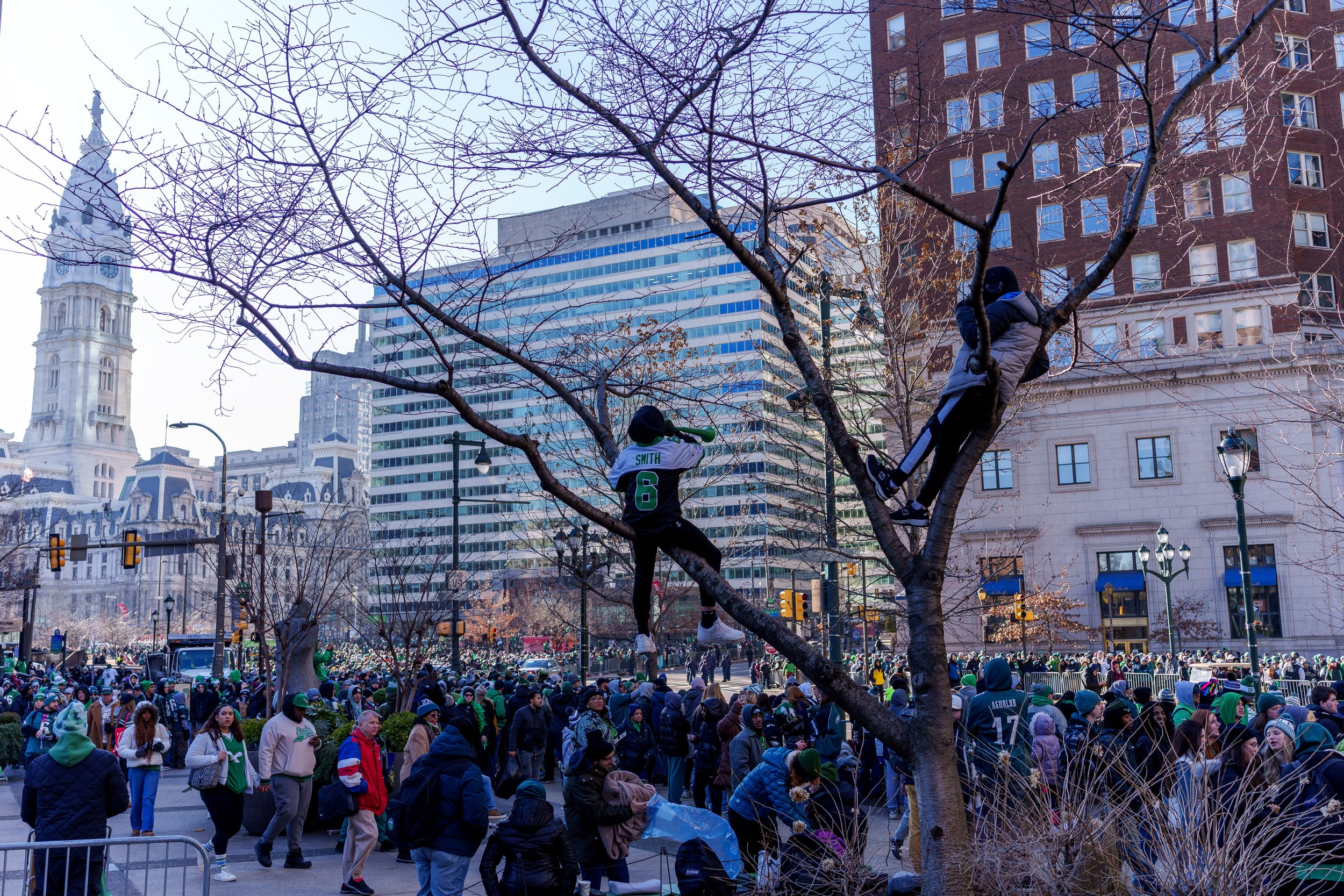 City Hall and the crowd gathered along the Parkway