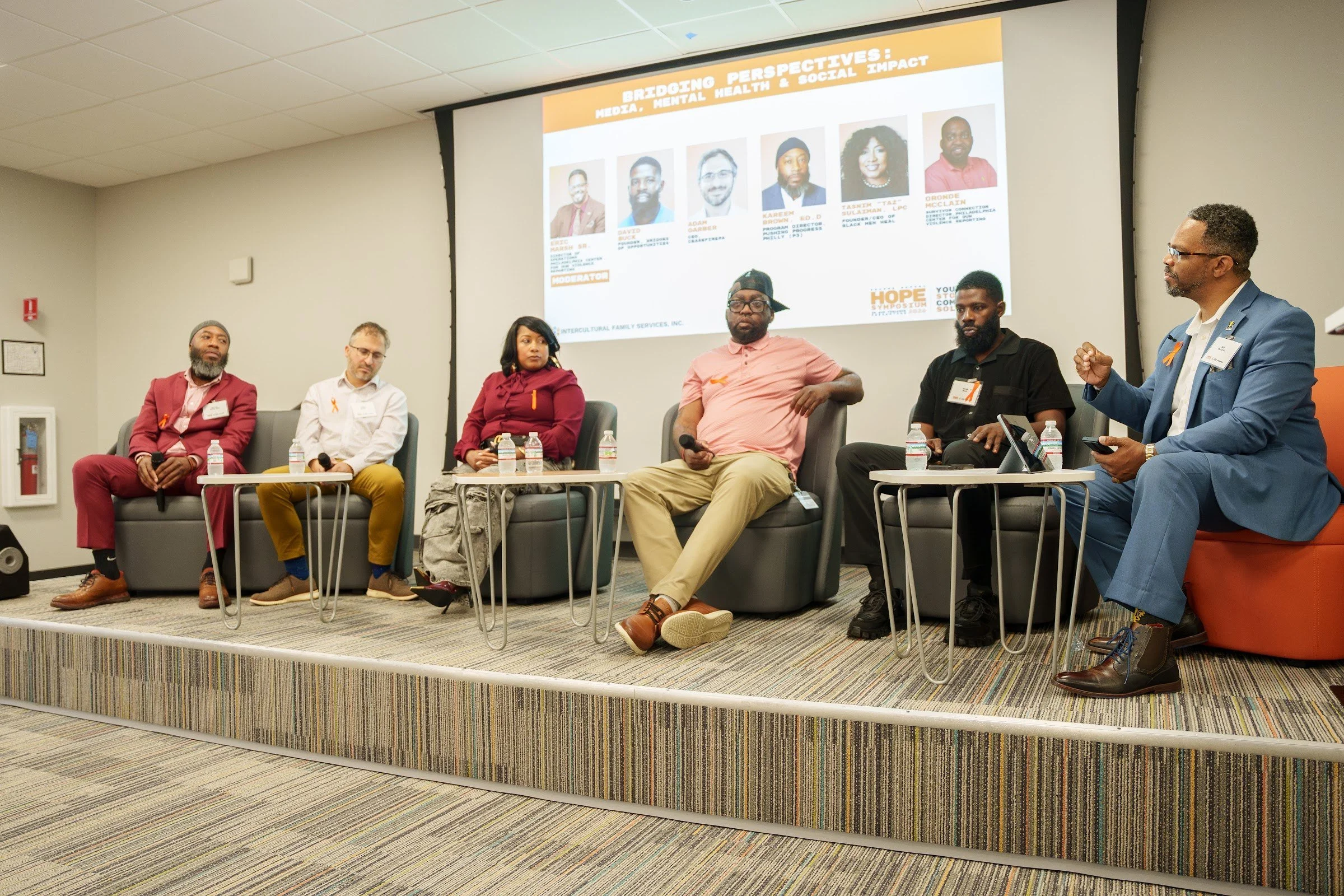 A wide view of the panel and the room
