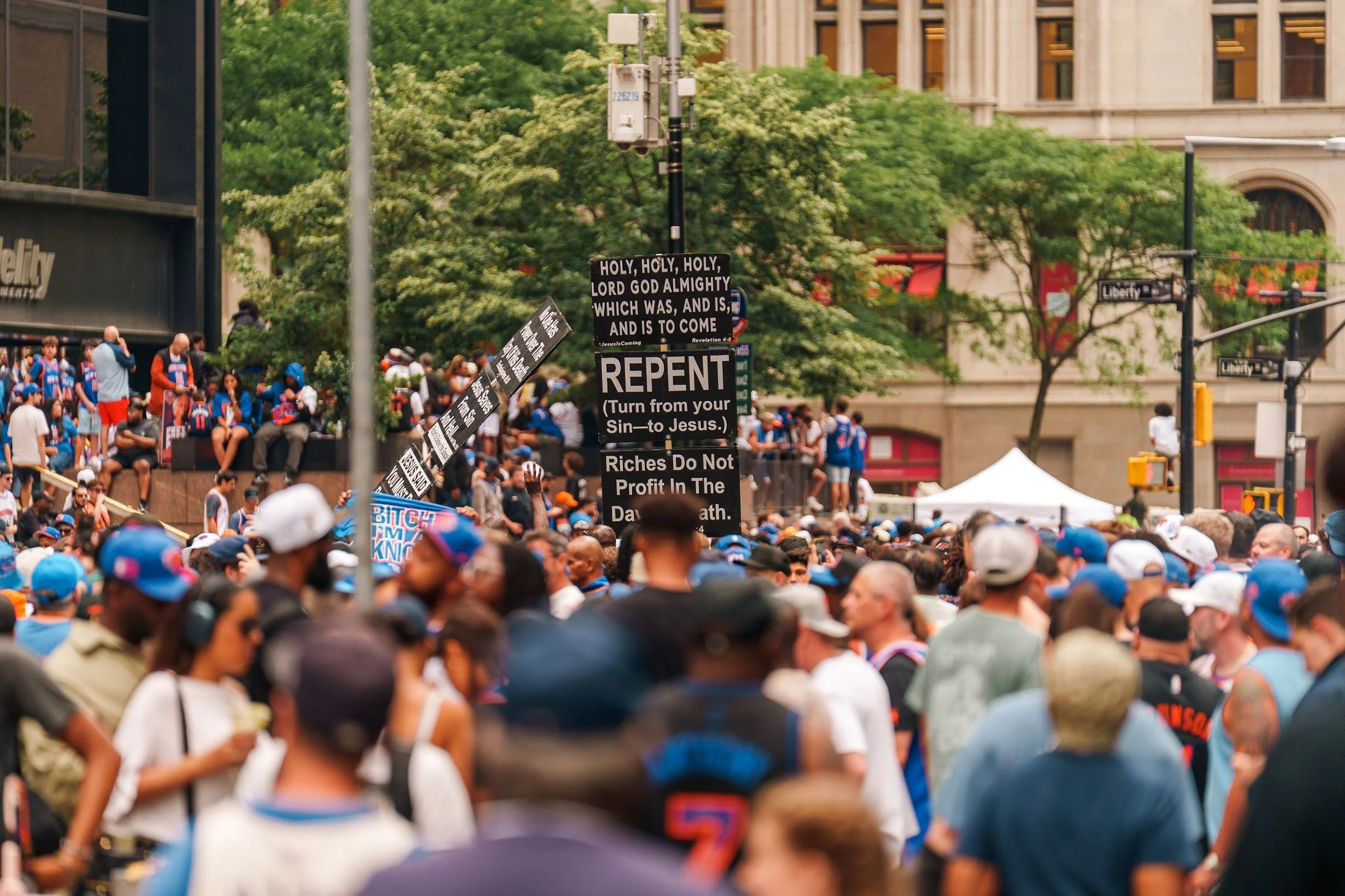 A sea of orange and blue along the route