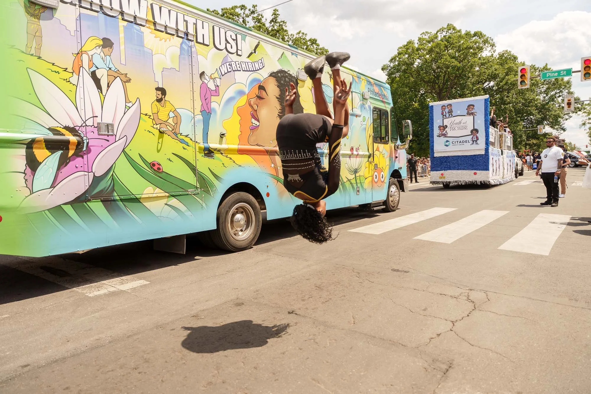 A decorated float on the parade route