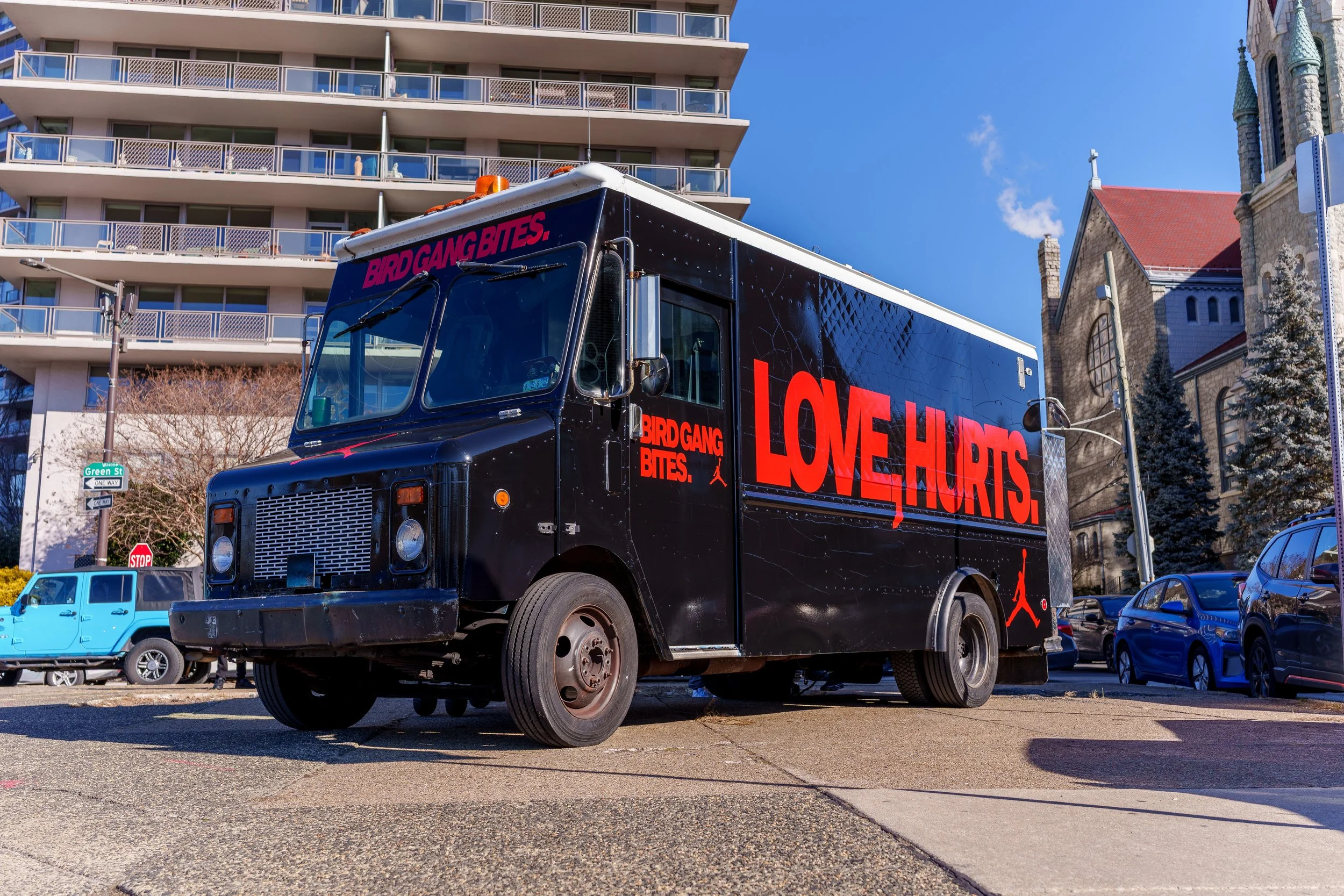 The Bird Gang Bites. campaign truck parked along the route