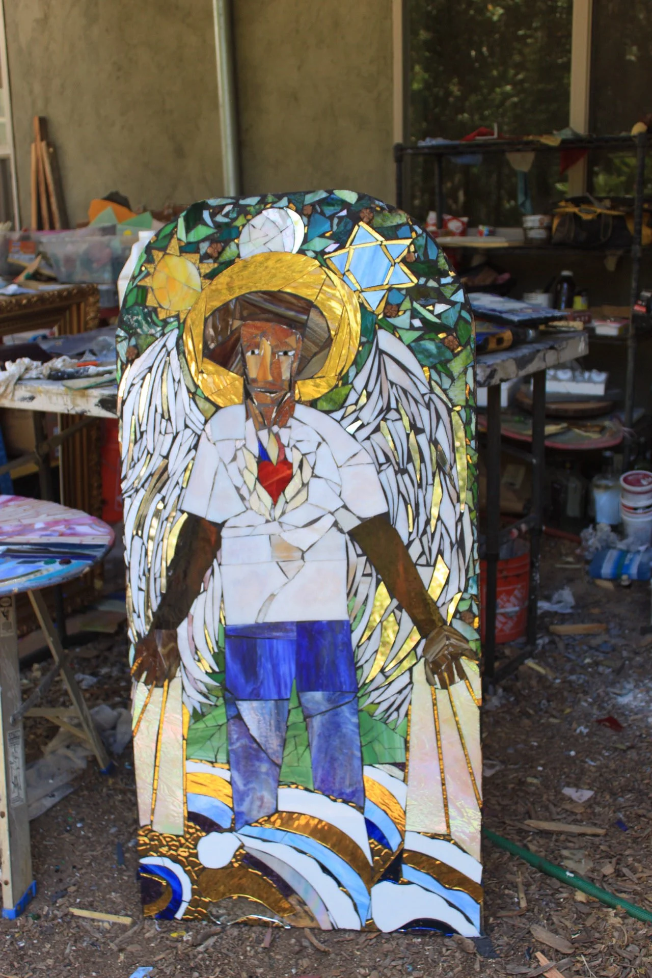 Angel with Sacred Heart Stained Glass Mosaic by Miles Mathews