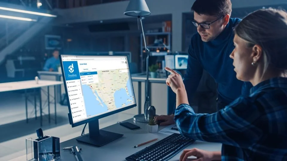 Two engineers review a Donaldson dashboard showing a map of connected equipment across the United States