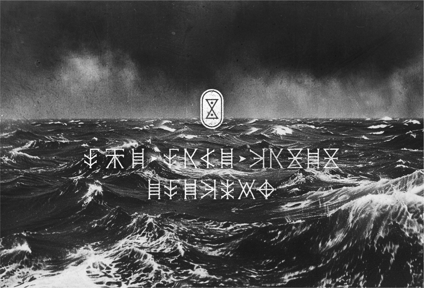 Black and white photo with film grain depicting a stormy sea, overlaid with a white graphic glyph and message in coded alphabet.