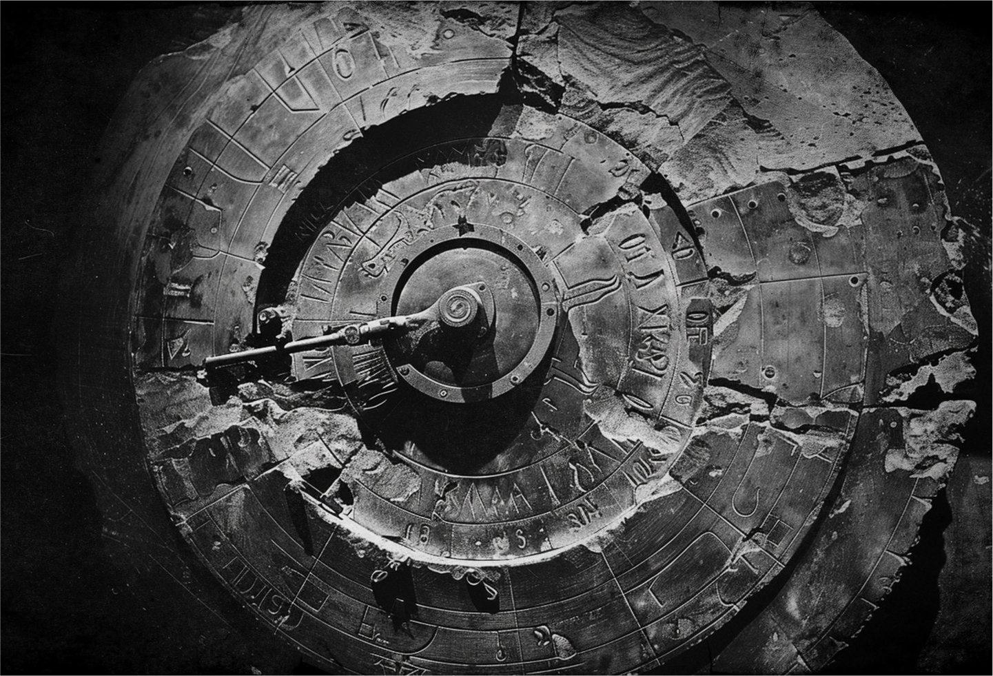 Black and white photo with film grain depicting a large stone codex engraved with glyphs and symbols in the dark under a bright spotlight.