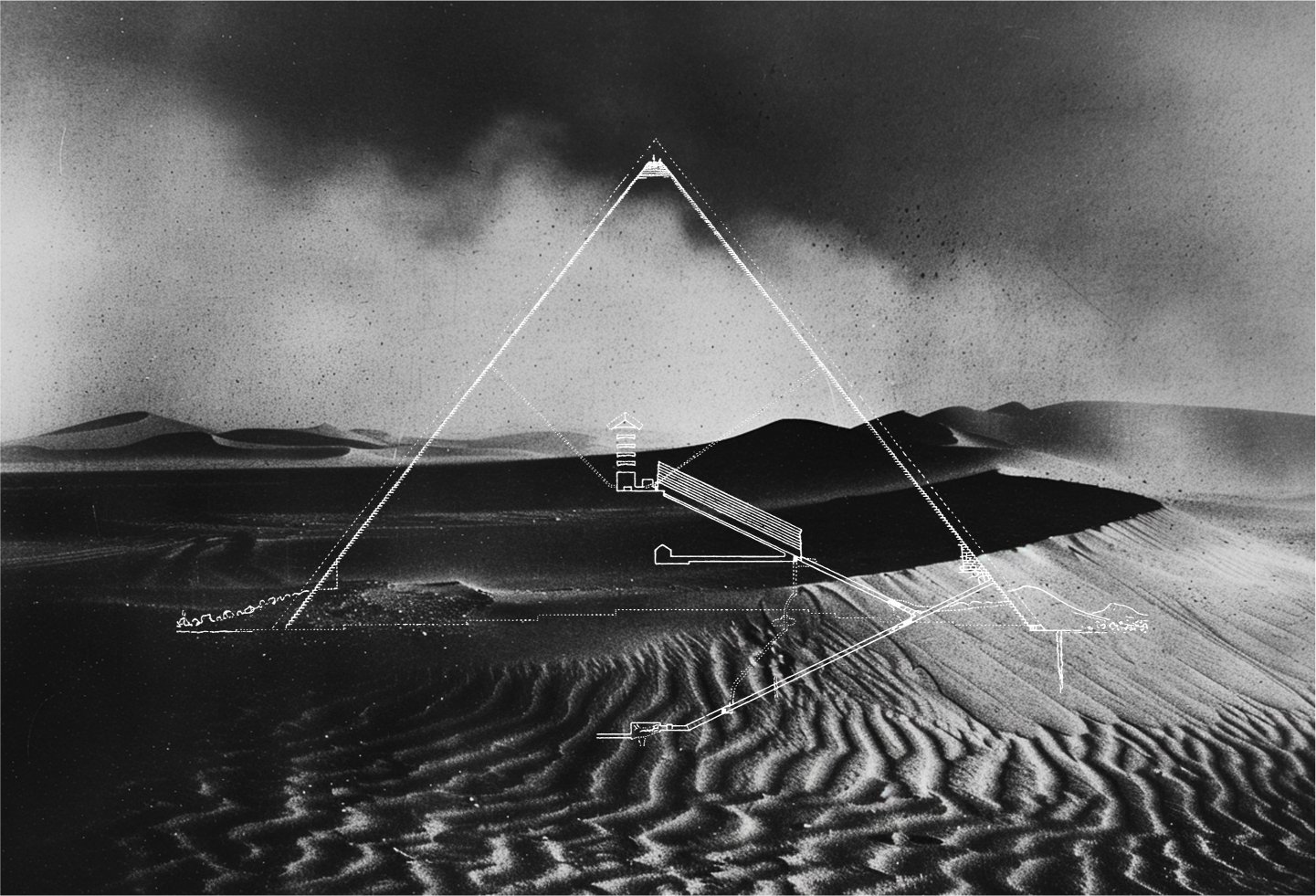 Black and white photo with film grain depicting a wind blown dunes in a desert landscape, overlaid with a white graphic schematic of an ancient pyramid.