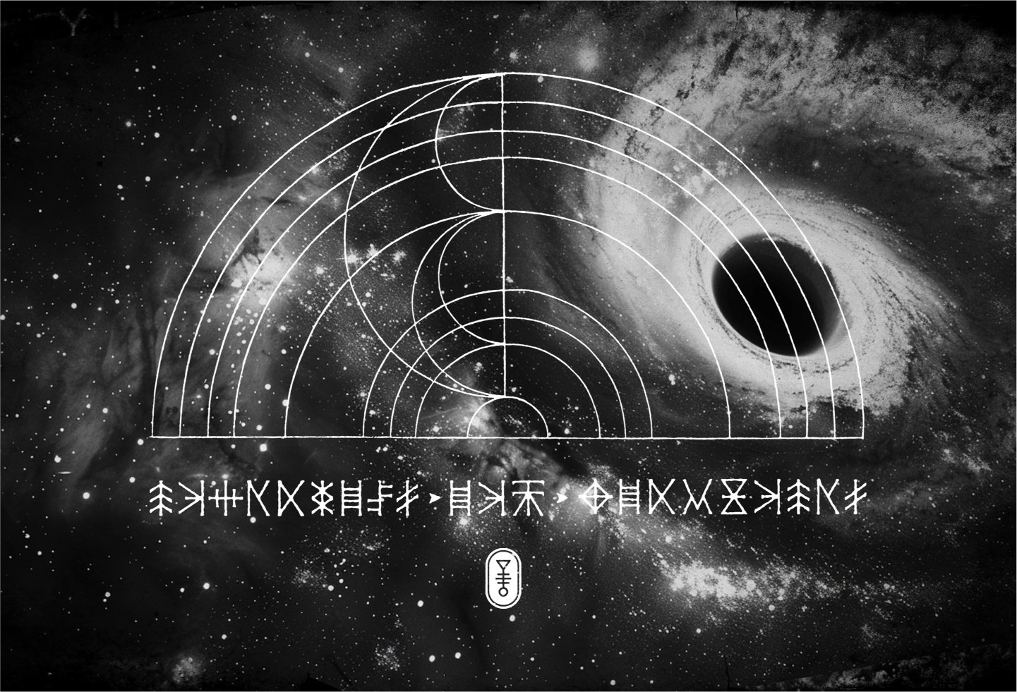Black and white photo with film grain depicting a star filled cosmos with a large black hole, overlaid with a white graphic glyph and message in coded alphabet.