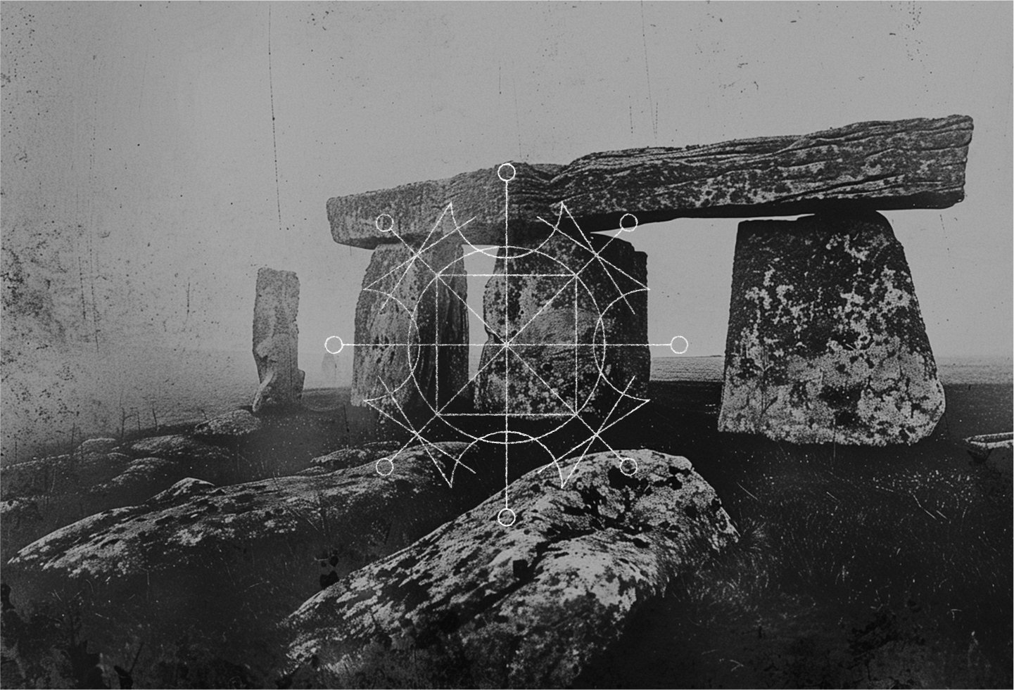 Black and white photo with film grain depicting a landscape with Stonehenge like rock gateway structure, overlaid with a circular white graphic glyph.