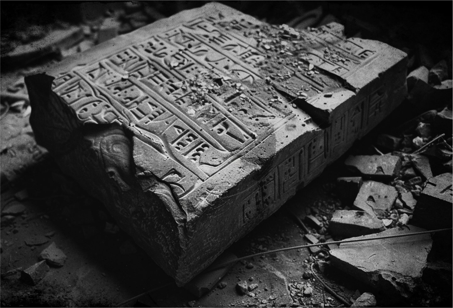 Black and white photo with film grain depicting a large chunk of stone with chiseled engravings of glyphs, sitting in a pile of rubble.