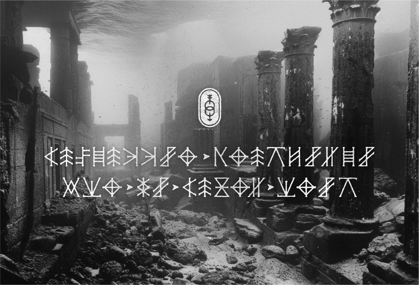 Black and white photo with film grain depicting a the ruins of a roman style city, totally submerged in water, overlaid with a white graphic glyph and message in coded alphabet.
