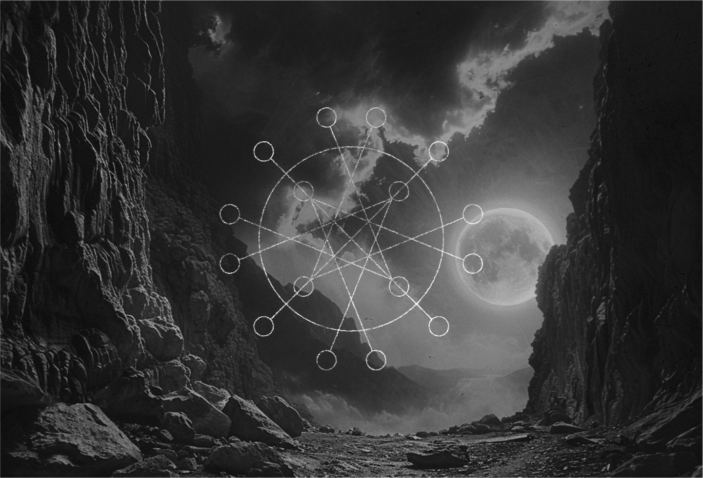Black and white photo with film grain depicting a rocky desert canyon at night, with fluffy clouds and a bright realistic moon, overlaid with a circular white graphic glyph.