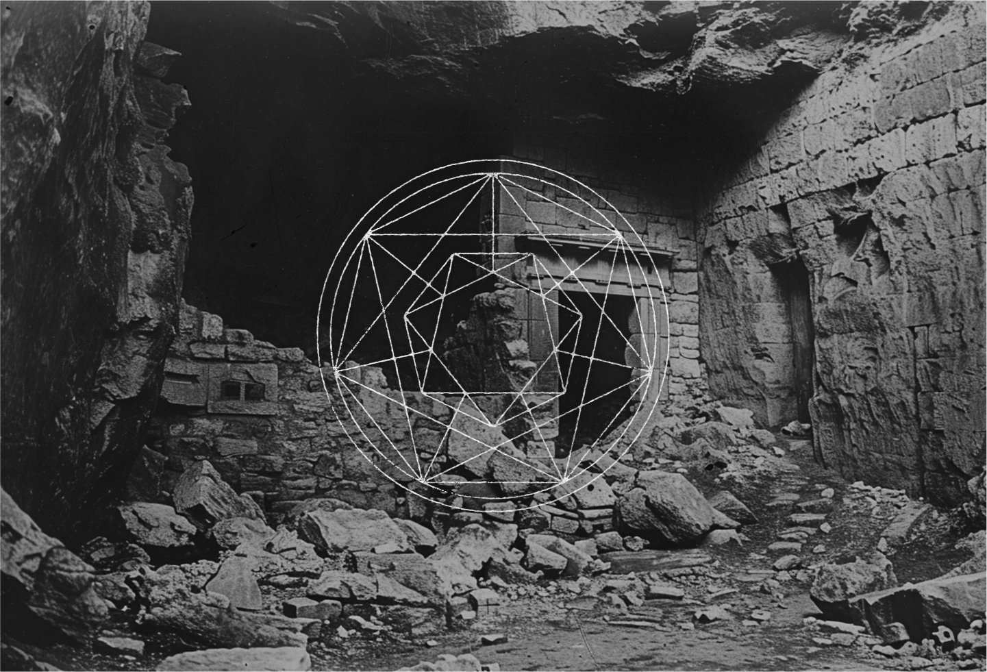 Black and white photo with film grain depicting a close up of stone ruins with a dark doorway, overlaid with a circular white graphic glyph.
