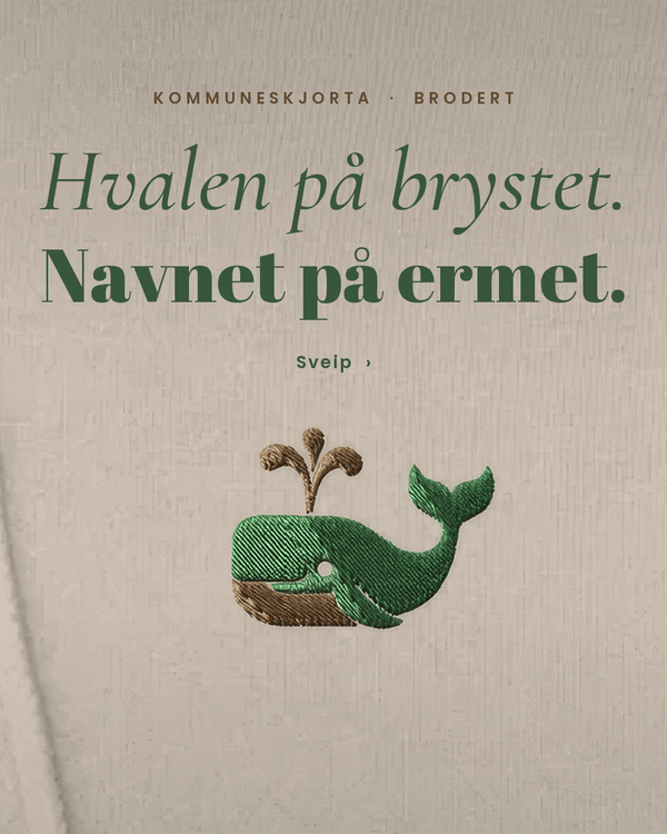 Karusell bilde 1: Hvalen på brystet, navnet på ermet – brodert hval og en tråd som sys over bildet