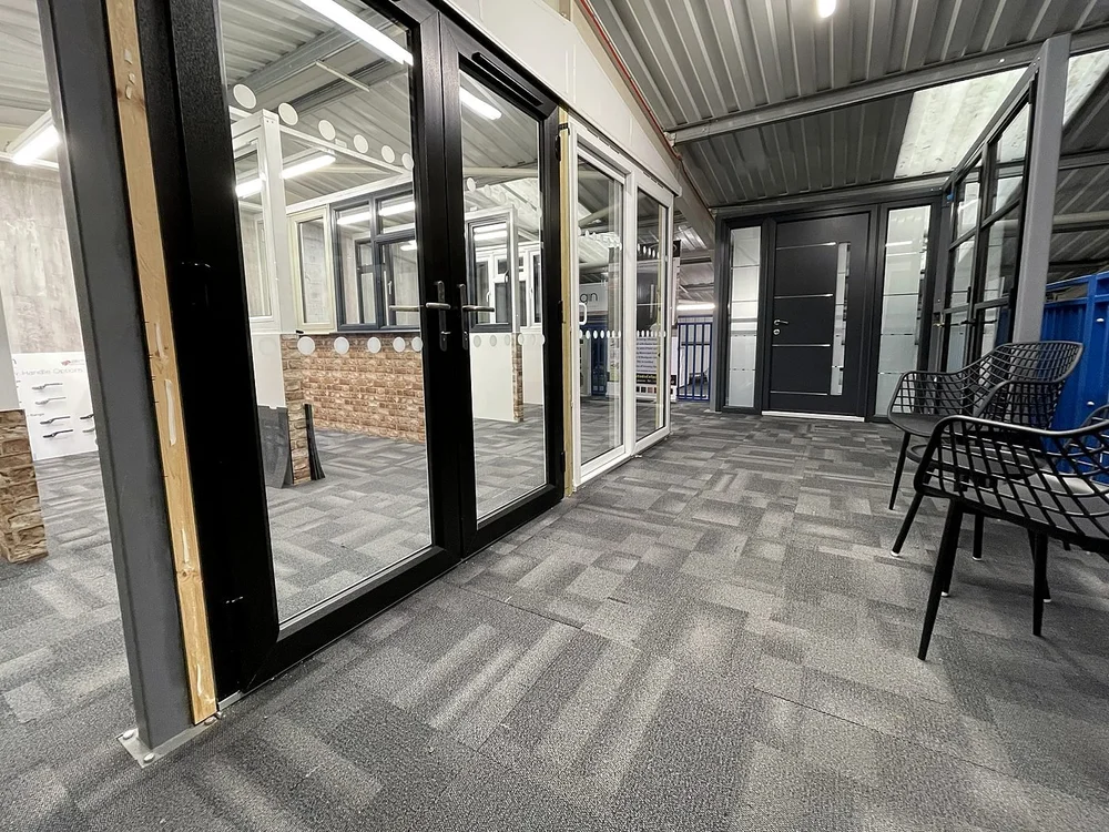 Aluminium French doors and front doors on display in the Window Monkey showroom