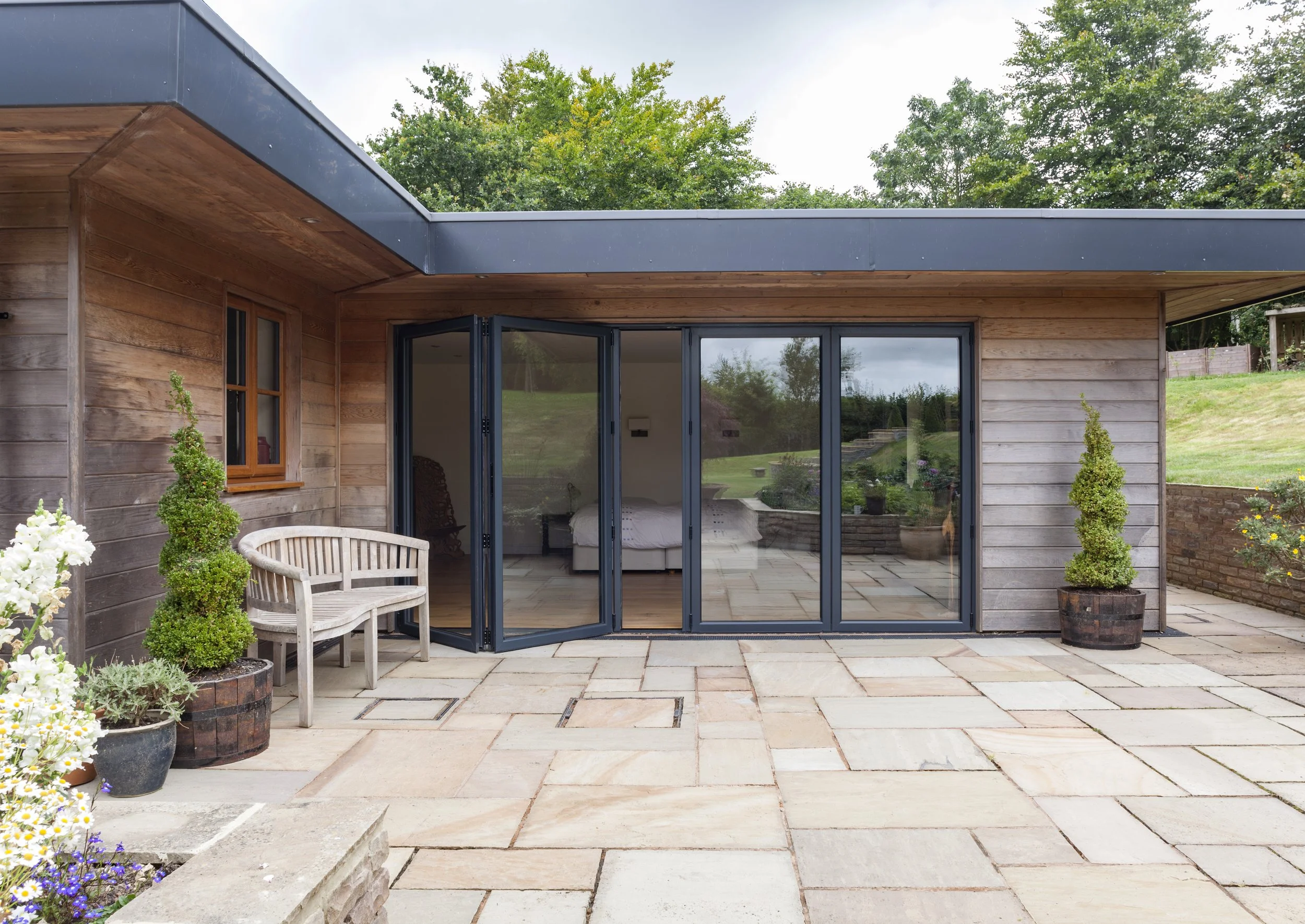 Bifold doors open to patio