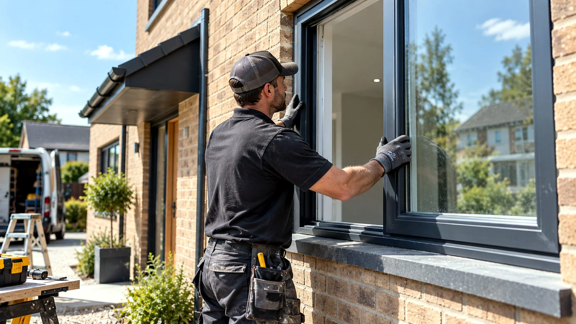 Installer fitting an anthracite grey window to a new-build brick home