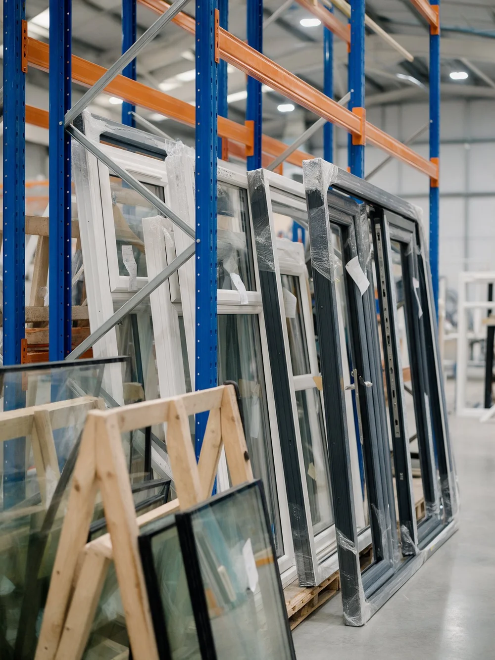 Window and door frames wrapped and stored on warehouse racking