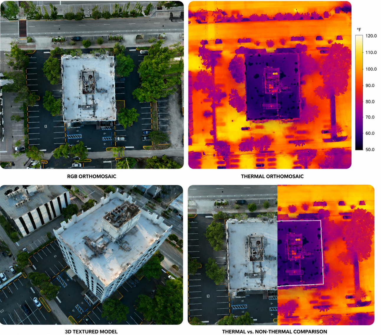 RGB and thermal orthomosaic comparison of a commercial roof inspection